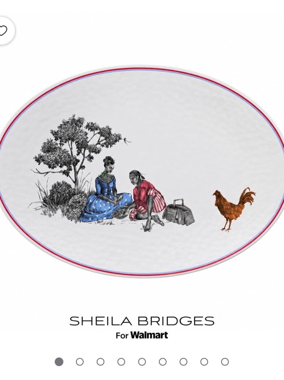 Sheila Bridges White Oval Decorative Platter with Blue and Red Accents